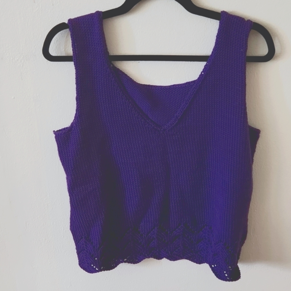 Purple crocheted sleeveless sweater top‎